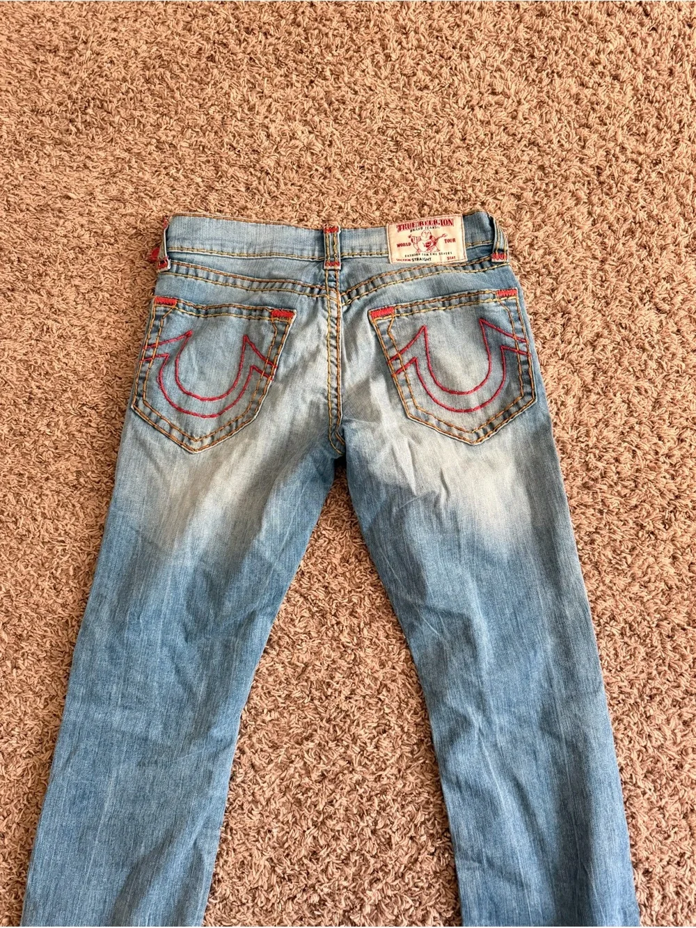 True Religion Light Blue Straight Jeans with Red Accent Stitching